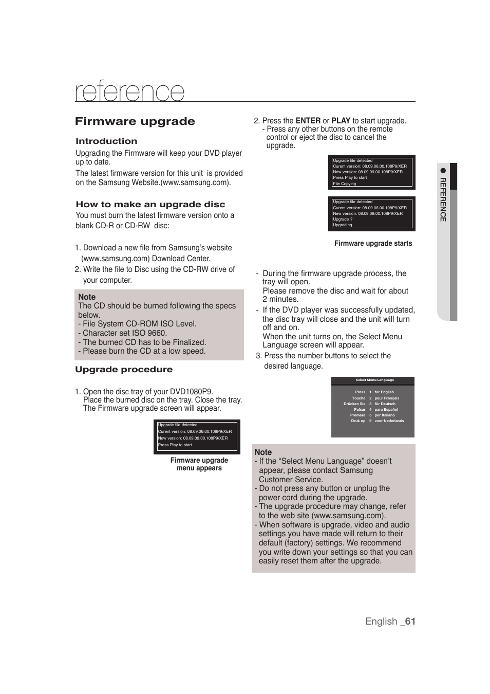 Reference, Firmware upgrade, English _61 | Samsung DVD-1080P9 User Manual | Page 61 / 68