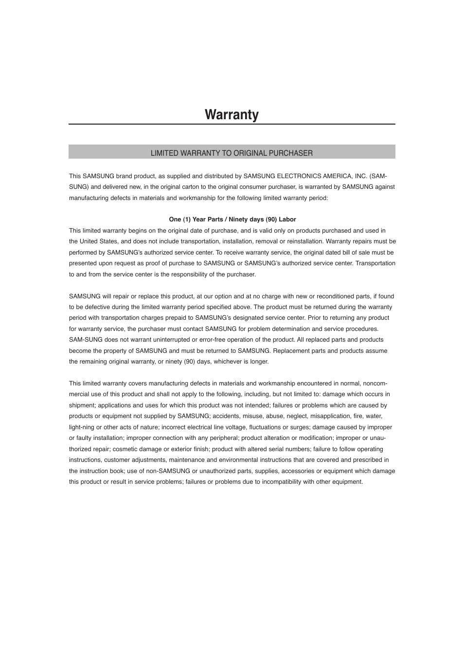Warranty | Samsung DVD-1080P9 User Manual | Page 65 / 68