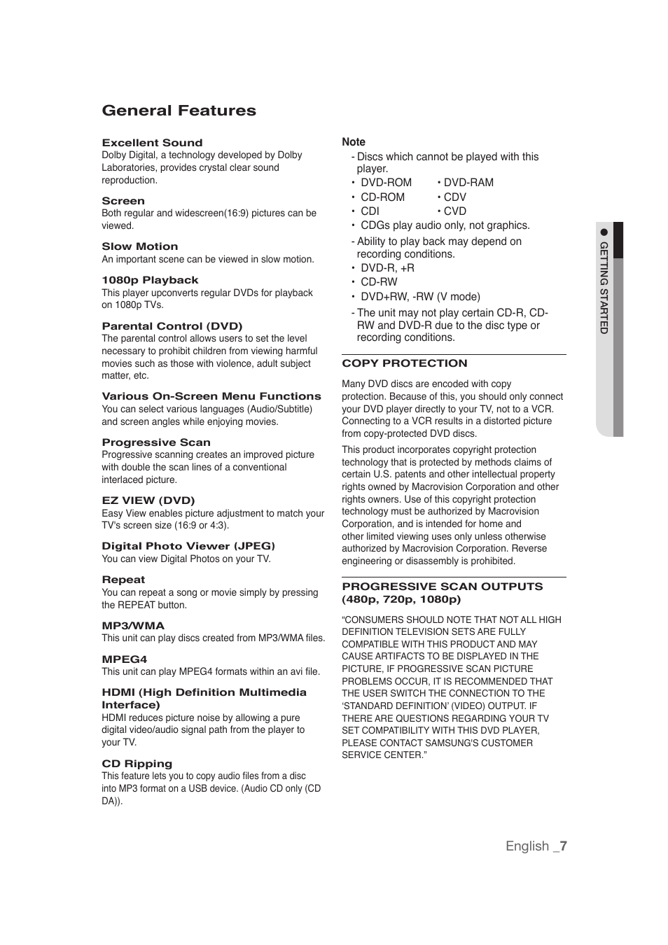 General features, English _7 | Samsung DVD-1080P9 User Manual | Page 7 / 68