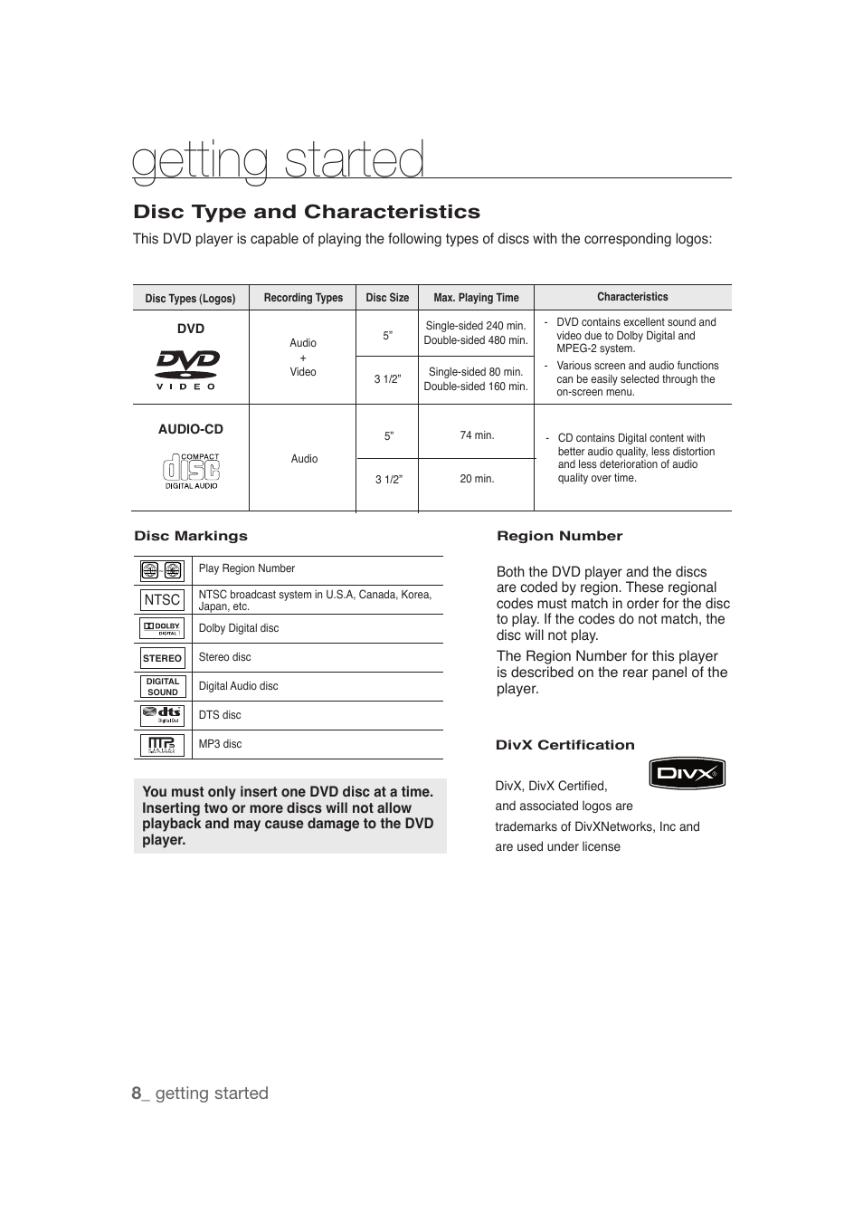 Disc type and characteristics, Getting started, 8_ getting started | Samsung DVD-1080P9 User Manual | Page 8 / 68
