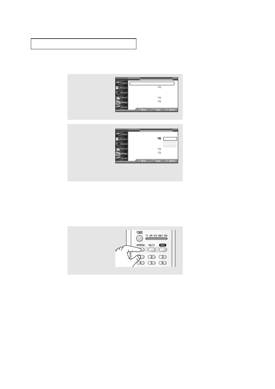 Selecting a menu language, Selecting the antenna input | Samsung HCN559W User Manual | Page 33 / 84