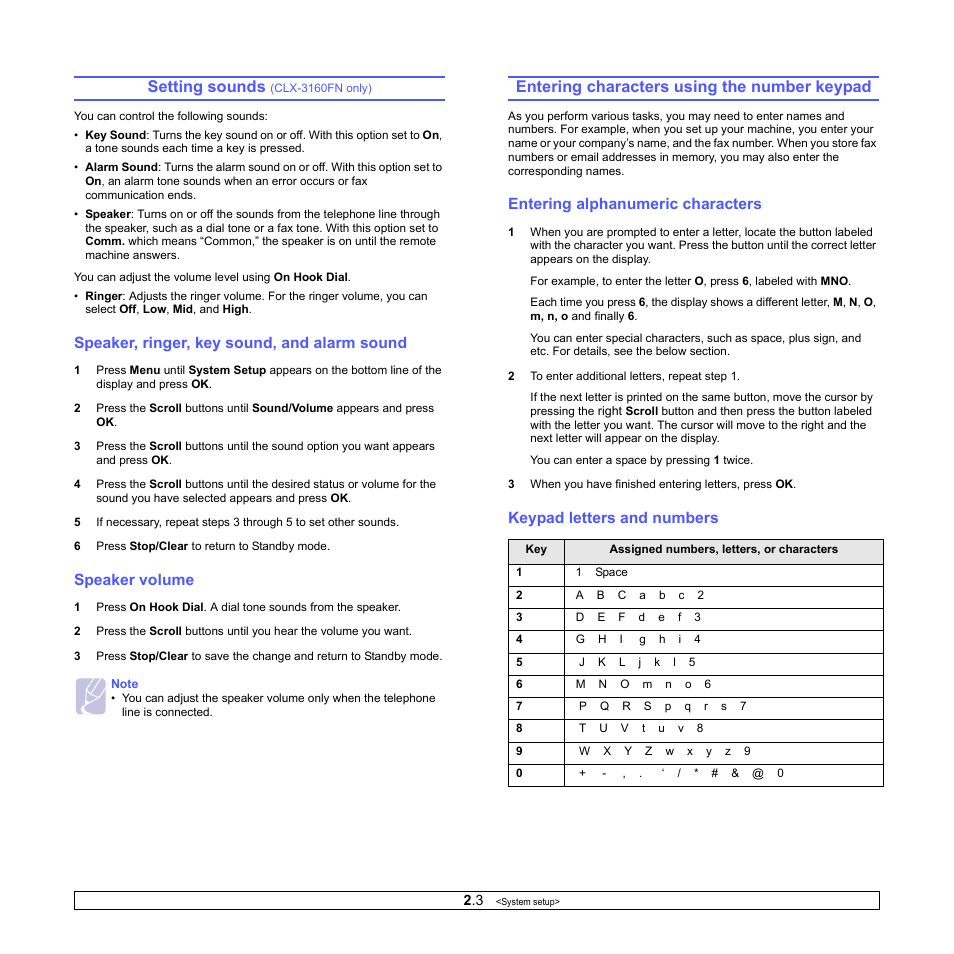 Setting sounds (clx-3160fn only), Speaker, ringer, key sound, and alarm sound, Speaker volume | Entering characters using the number keypad, Entering alphanumeric characters, Keypad letters and numbers, Setting sounds | Samsung CLX-3160 User Manual | Page 19 / 139