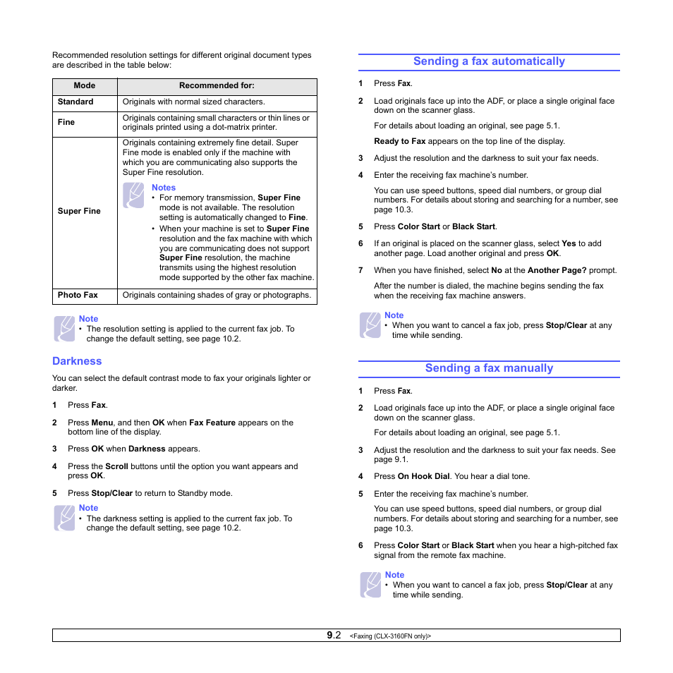 Darkness, Sending a fax automatically, Sending a fax manually | Sending a fax automatically sending a fax manually | Samsung CLX-3160 User Manual | Page 46 / 139