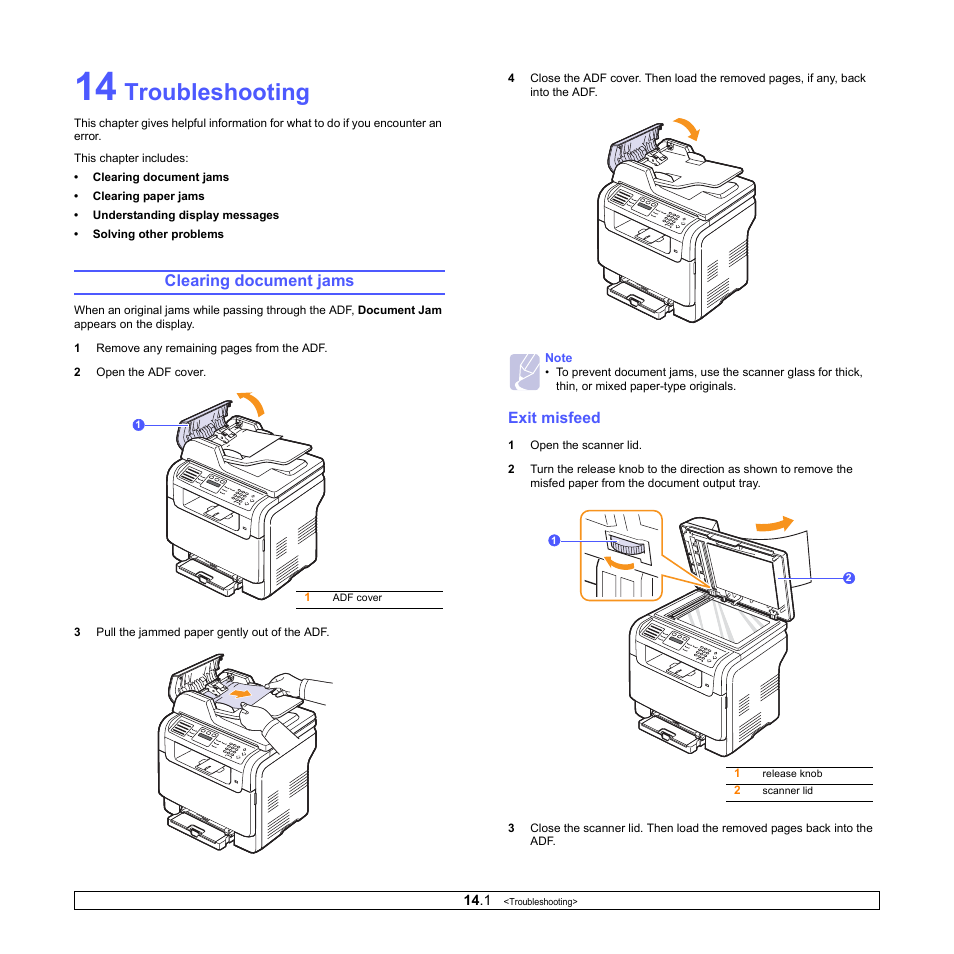 Troubleshooting, Clearing document jams, Exit misfeed | Samsung CLX-3160 User Manual | Page 74 / 139