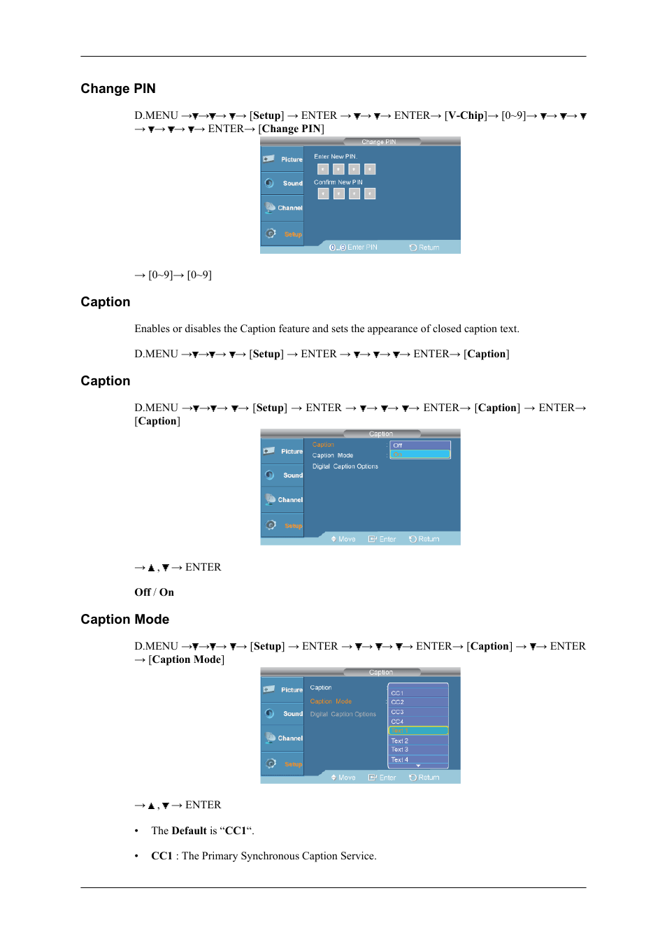 Change pin, Caption, Caption mode | Samsung SBB-DT User Manual | Page 12 / 16