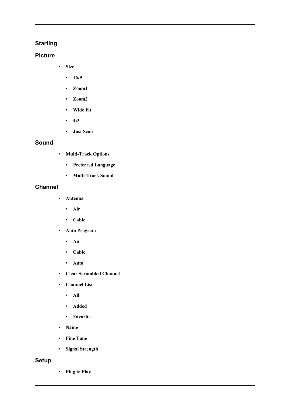 Starting, Picture, Sound | Channel, Setup | Samsung SBB-DT User Manual | Page 2 / 16