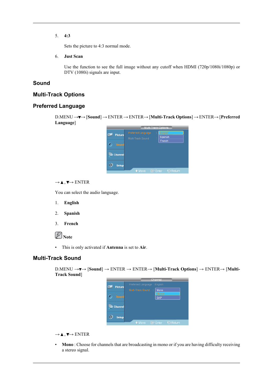 Sound, Multi-track options, Preferred language | Multi-track sound | Samsung SBB-DT User Manual | Page 4 / 16