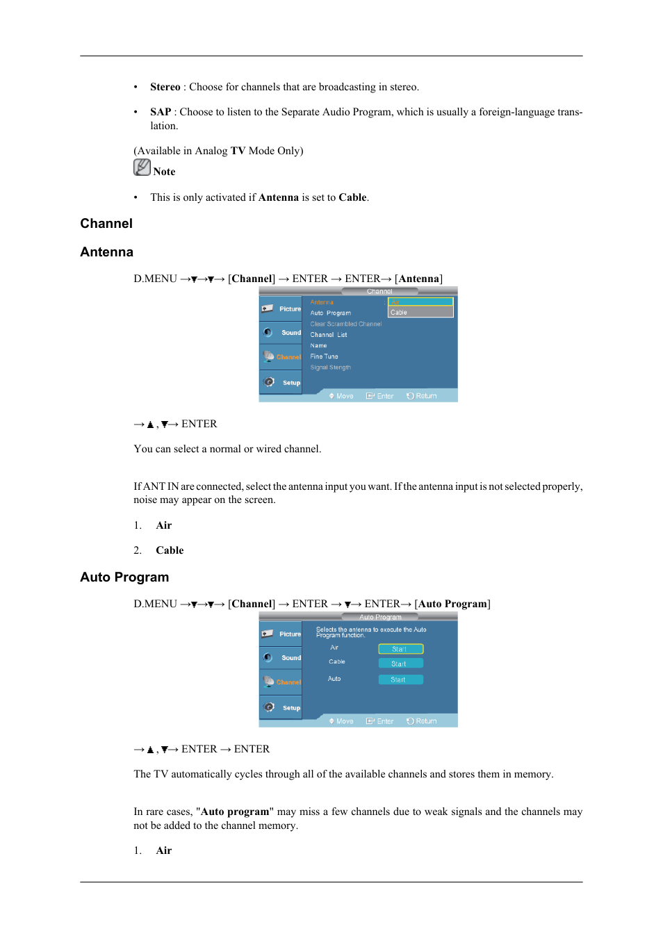 Channel, Antenna, Auto program | Samsung SBB-DT User Manual | Page 5 / 16