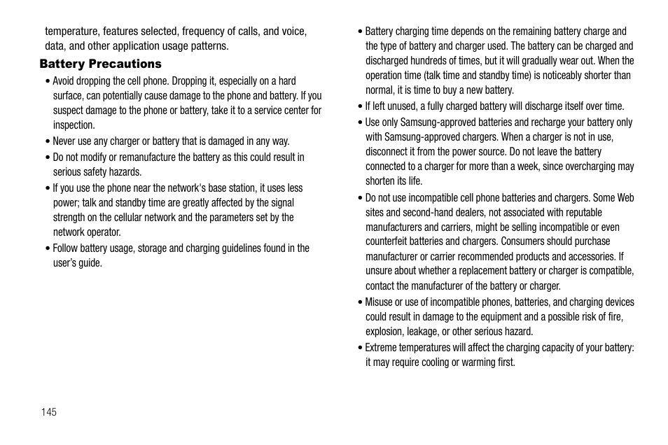 Battery precautions | Samsung Code SCH-i220 User Manual | Page 148 / 161