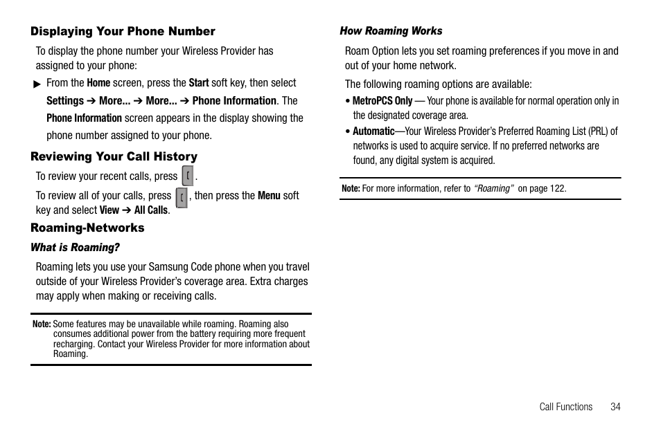 Displaying your phone number, Reviewing your call history, Roaming-networks | What is roaming, How roaming works | Samsung Code SCH-i220 User Manual | Page 37 / 161