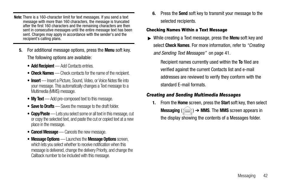 Checking names within a text message, Creating and sending multimedia messages | Samsung Code SCH-i220 User Manual | Page 45 / 161