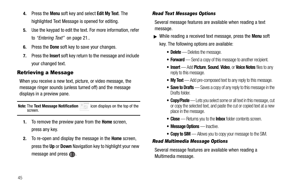 Retrieving a message, Read text messages options, Read multimedia message options | Samsung Code SCH-i220 User Manual | Page 48 / 161