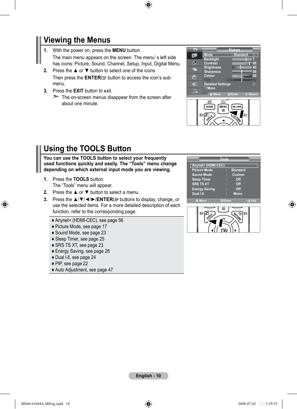Viewing the menus, Using the tools button | Samsung BN68-01684A-00 User Manual | Page 12 / 69