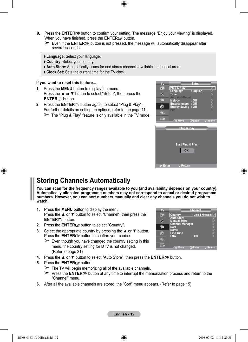 Setting the channels, Storing channels automatically | Samsung BN68-01684A-00 User Manual | Page 14 / 69