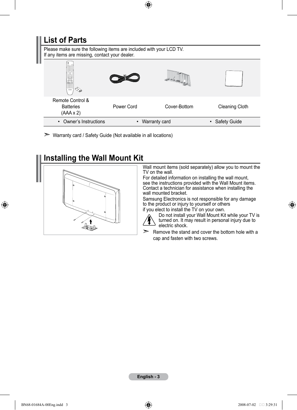 Connecting and preparing your tv, List of parts, Installing the wall mount kit | Samsung BN68-01684A-00 User Manual | Page 5 / 69