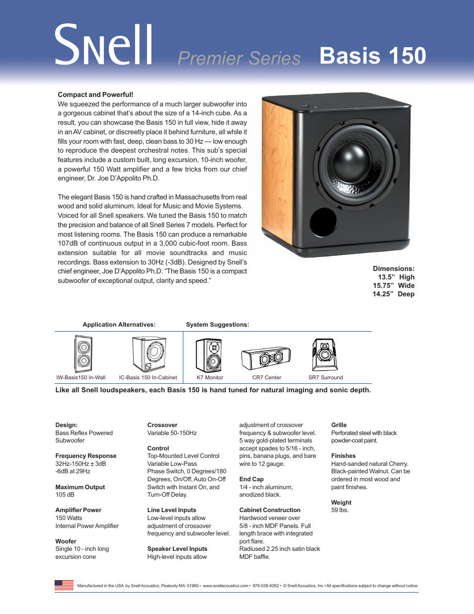 Snell Acoustics Basis 150 User Manual | 1 page