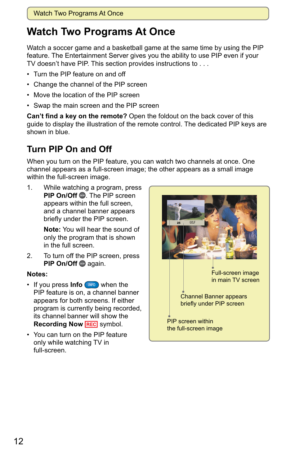 Watch two programs at once, Turn pip on and off | Scientific Atlanta 8000 User Manual | Page 15 / 49