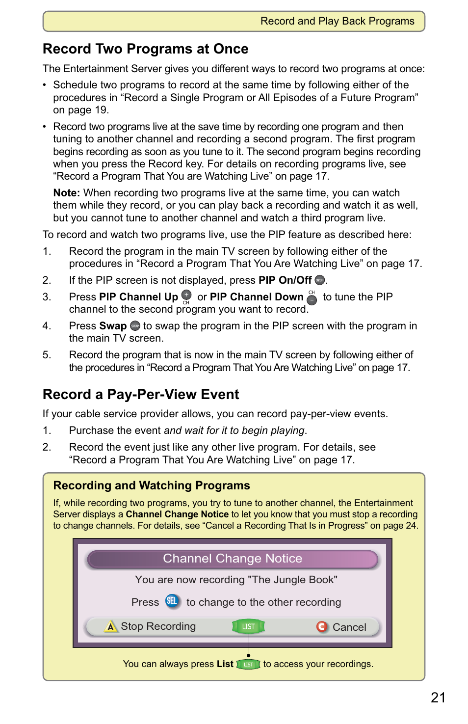 Record two programs at once, Record a pay-per-view event, Channel change notice | Scientific Atlanta 8000 User Manual | Page 24 / 49