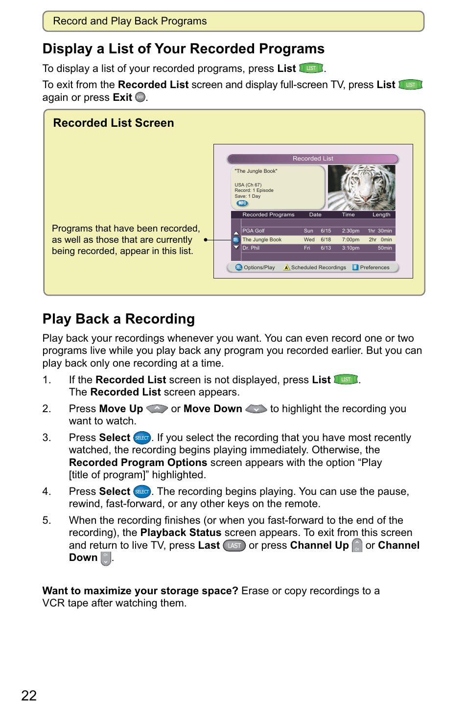 22 display a list of your recorded programs, Play back a recording, Recorded list screen | Record and play back programs | Scientific Atlanta 8000 User Manual | Page 25 / 49