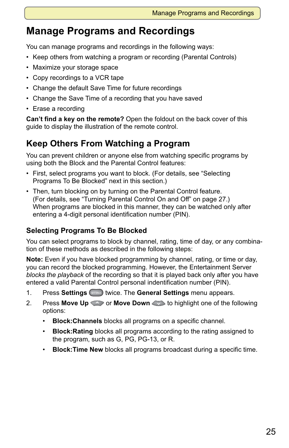 Manage programs and recordings, Keep others from watching a program | Scientific Atlanta 8000 User Manual | Page 28 / 49