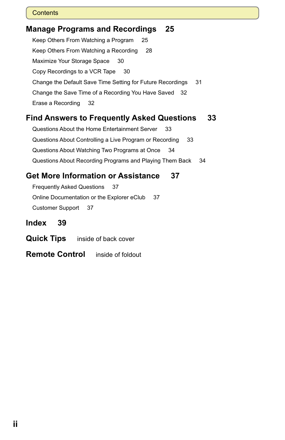 Manage programs and recordings 25, Find answers to frequently asked questions 33, Get more information or assistance 37 | Index 39 quick tips, Remote control | Scientific Atlanta 8000 User Manual | Page 3 / 49