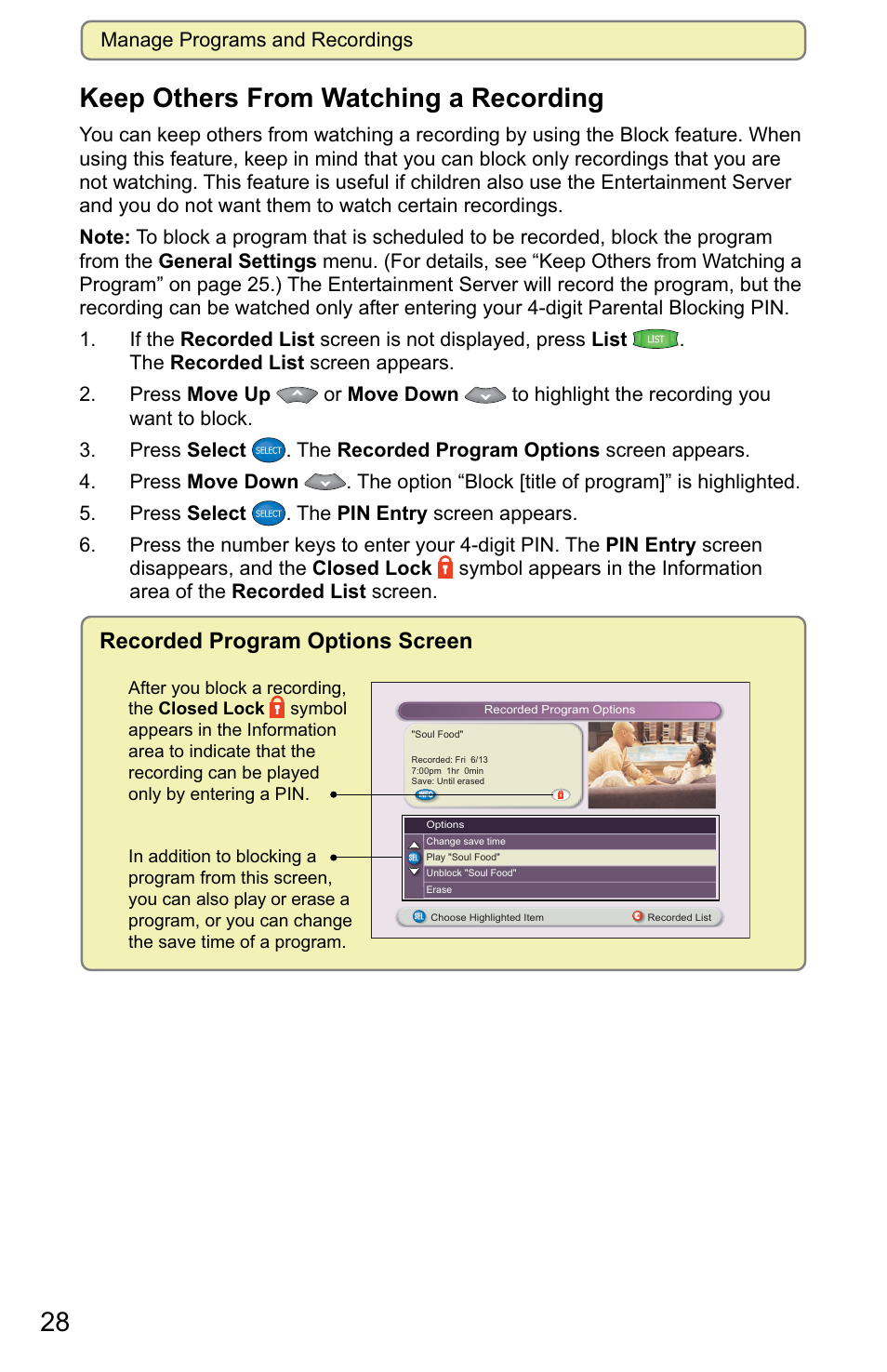 28 keep others from watching a recording, Recorded program options screen | Scientific Atlanta 8000 User Manual | Page 31 / 49