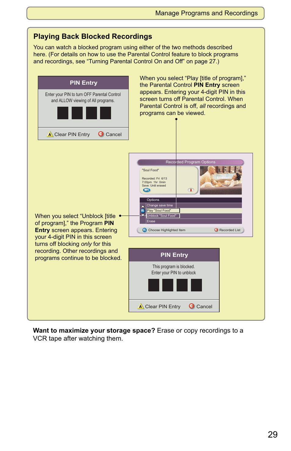 Playing back blocked recordings, Manage programs and recordings, Pin entry | Scientific Atlanta 8000 User Manual | Page 32 / 49