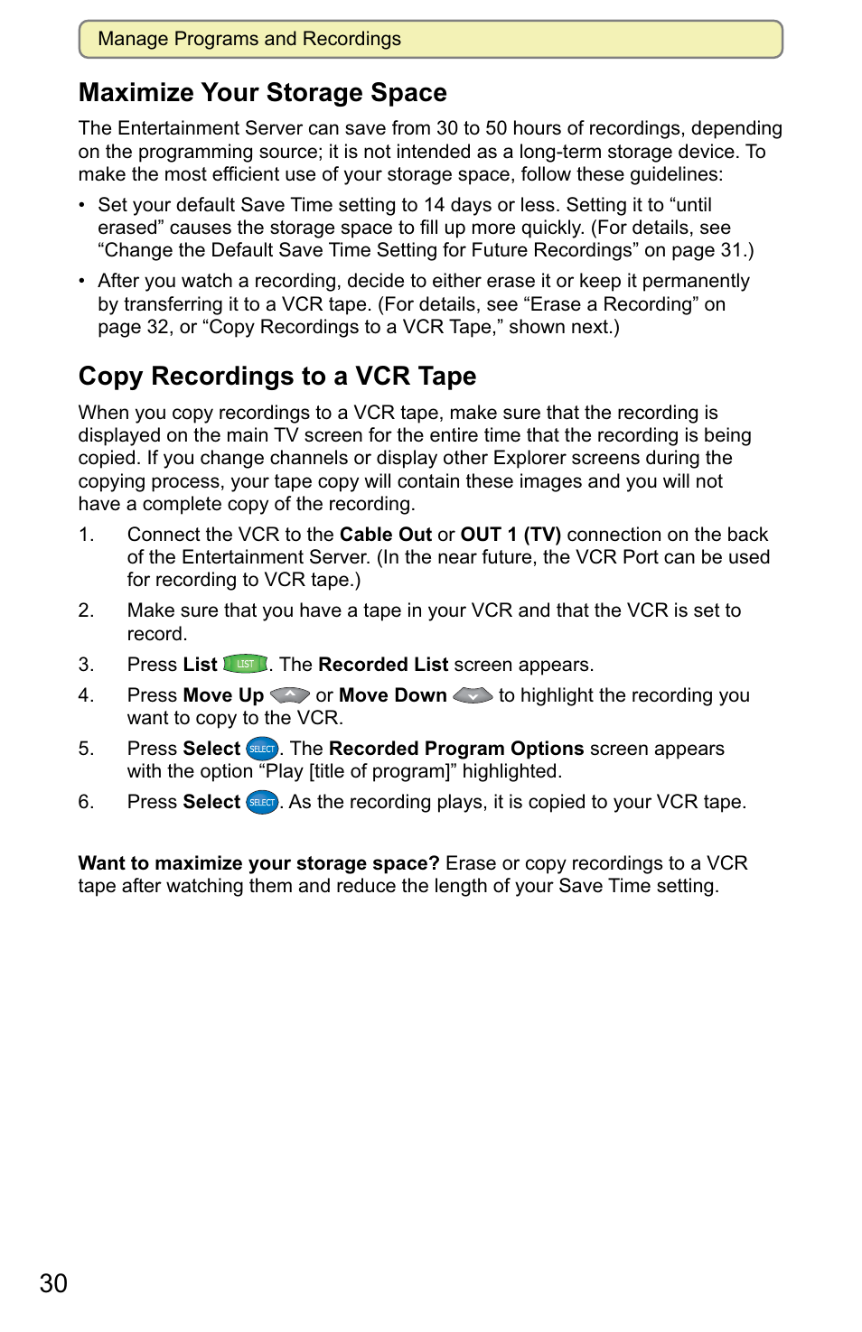 30 maximize your storage space, Copy recordings to a vcr tape | Scientific Atlanta 8000 User Manual | Page 33 / 49