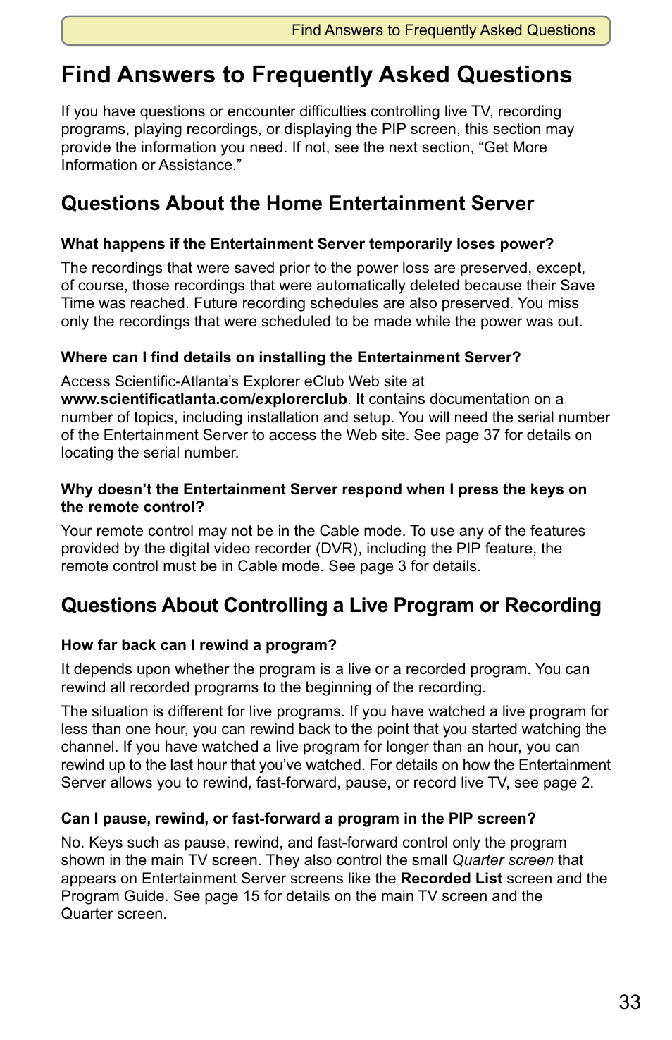 Find answers to frequently asked questions, Questions about the home entertainment server | Scientific Atlanta 8000 User Manual | Page 36 / 49