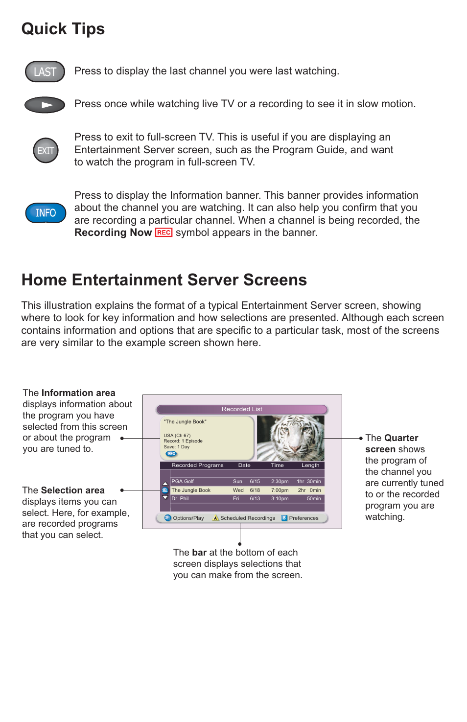 Quick tips, Home entertainment server screens | Scientific Atlanta 8000 User Manual | Page 46 / 49