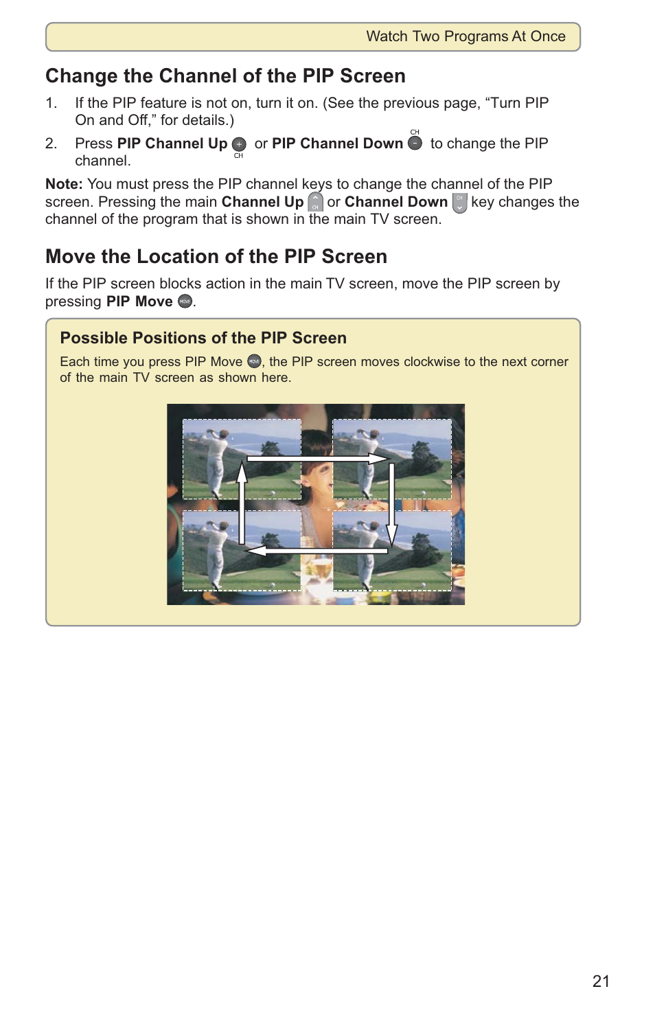 Change the channel of the pip screen, Move the location of the pip screen | Scientific Atlanta 8000HD User Manual | Page 24 / 65