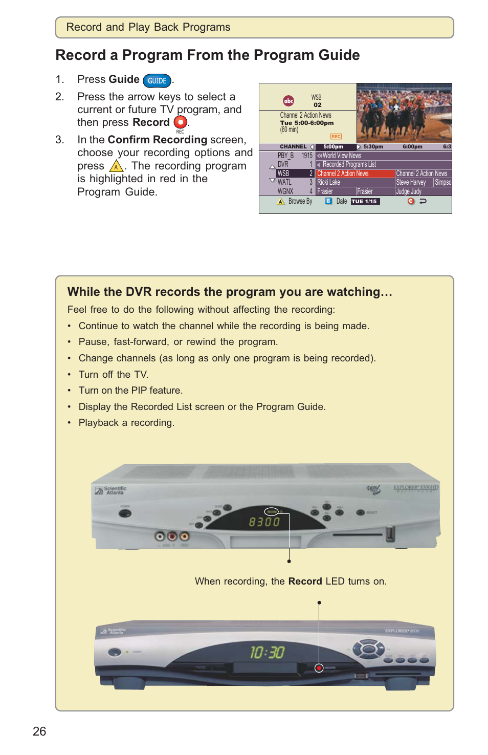 Record a program from the program guide, Record and play back programs | Scientific Atlanta 8000HD User Manual | Page 29 / 65