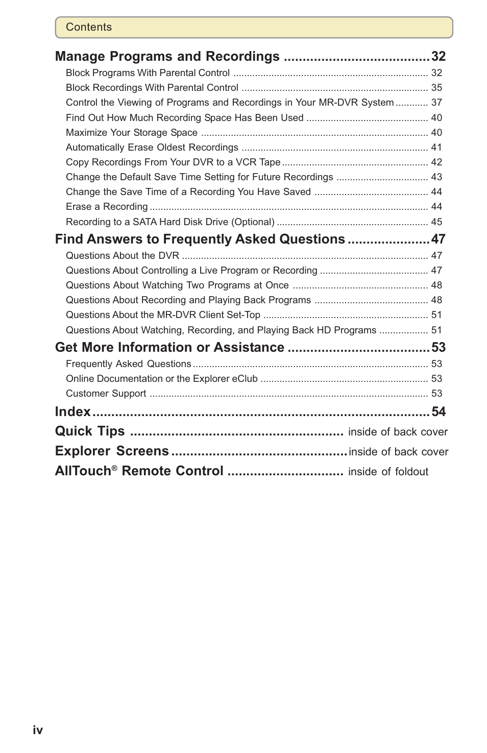 Manage programs and recordings, Find answers to frequently asked questions, Get more information or assistance | Index, Quick tips, Explorer screens, Alltouch, Remote control | Scientific Atlanta 8000HD User Manual | Page 3 / 65