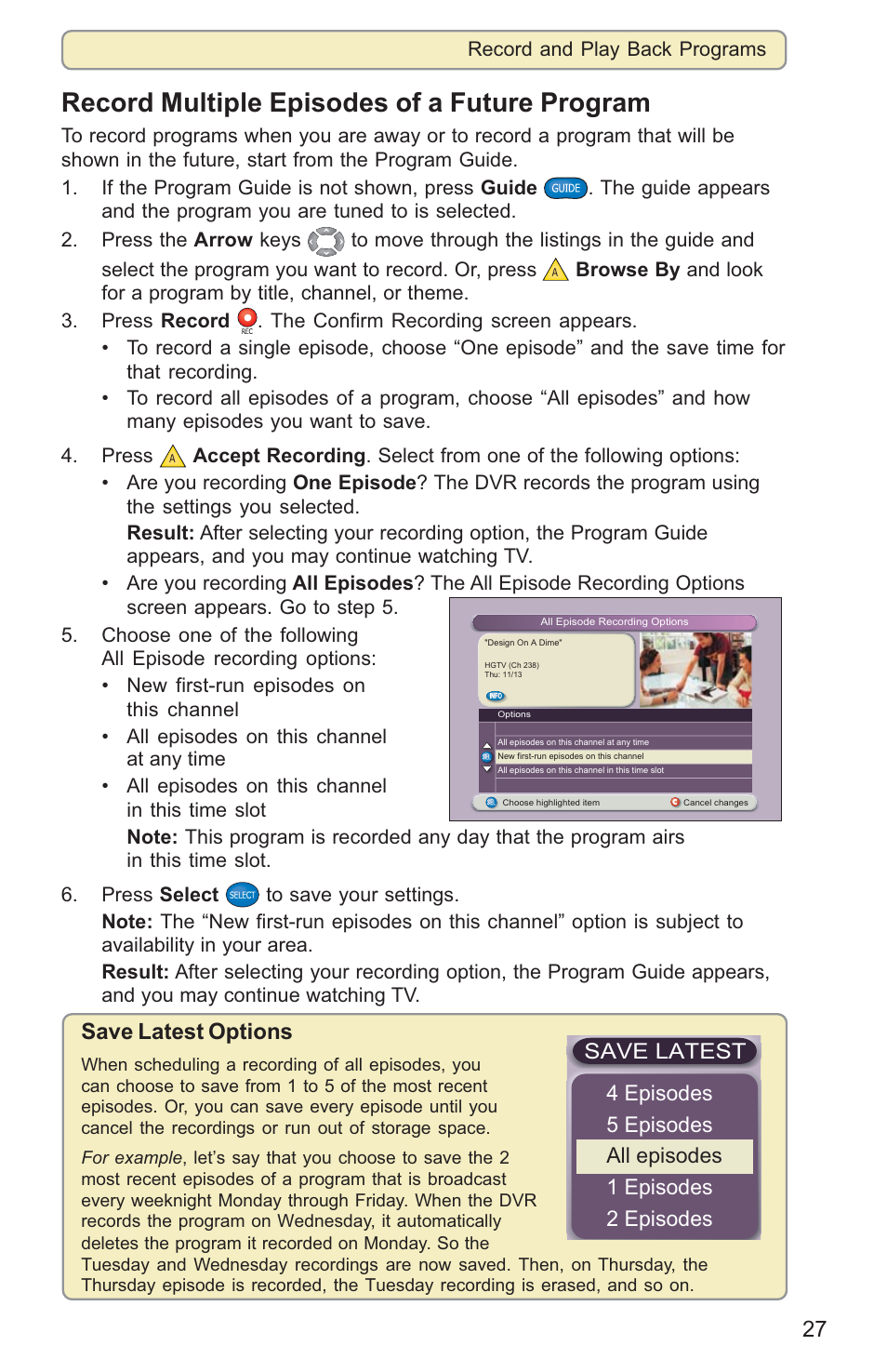 Record multiple episodes of a future program, Save latest options | Scientific Atlanta 8000HD User Manual | Page 30 / 65