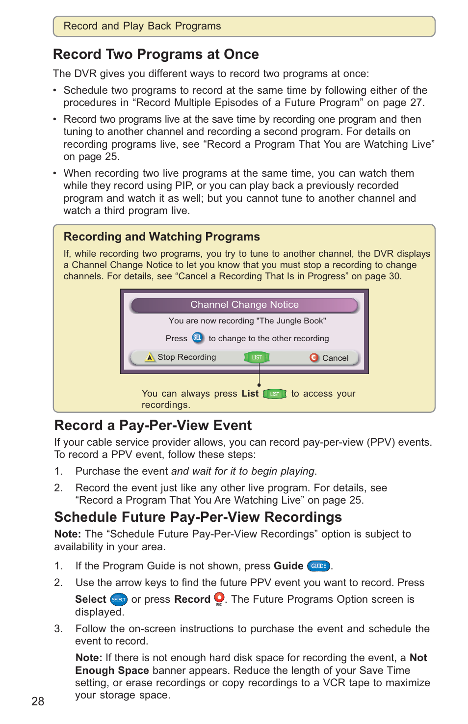 Record two programs at once, Record a pay-per-view event, Schedule future pay-per-view recordings | Scientific Atlanta 8000HD User Manual | Page 31 / 65