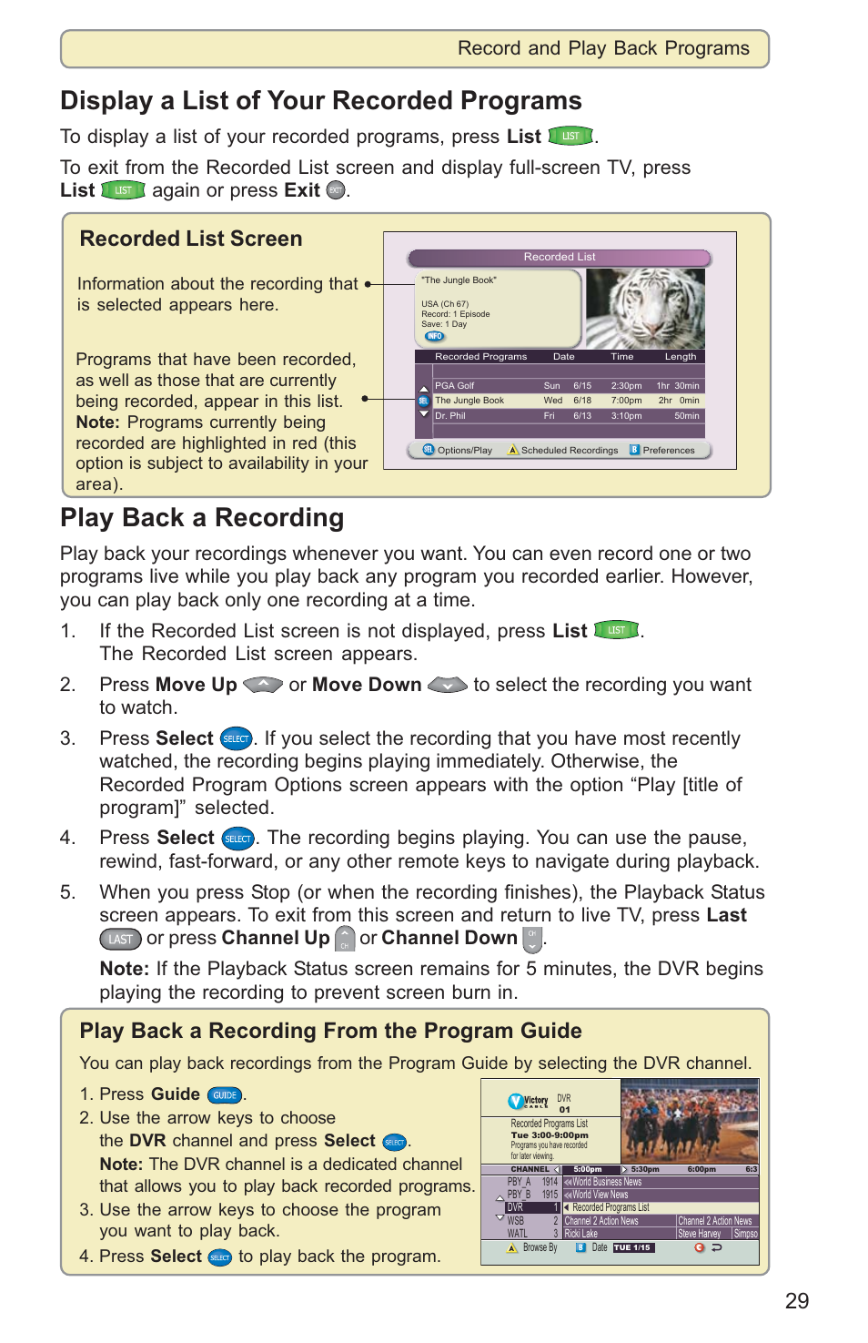 Display a list of your recorded programs, Play back a recording, Recorded list screen | Play back a recording from the program guide, Record and play back programs | Scientific Atlanta 8000HD User Manual | Page 32 / 65