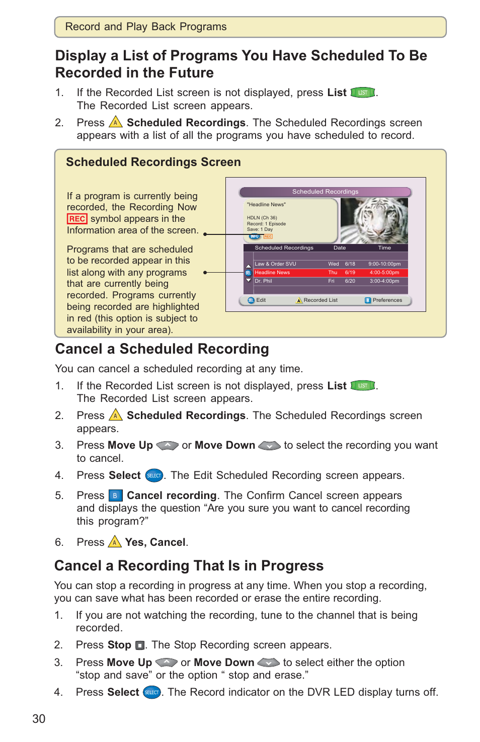 Cancel a scheduled recording, Cancel a recording that is in progress, Scheduled recordings screen | Scientific Atlanta 8000HD User Manual | Page 33 / 65