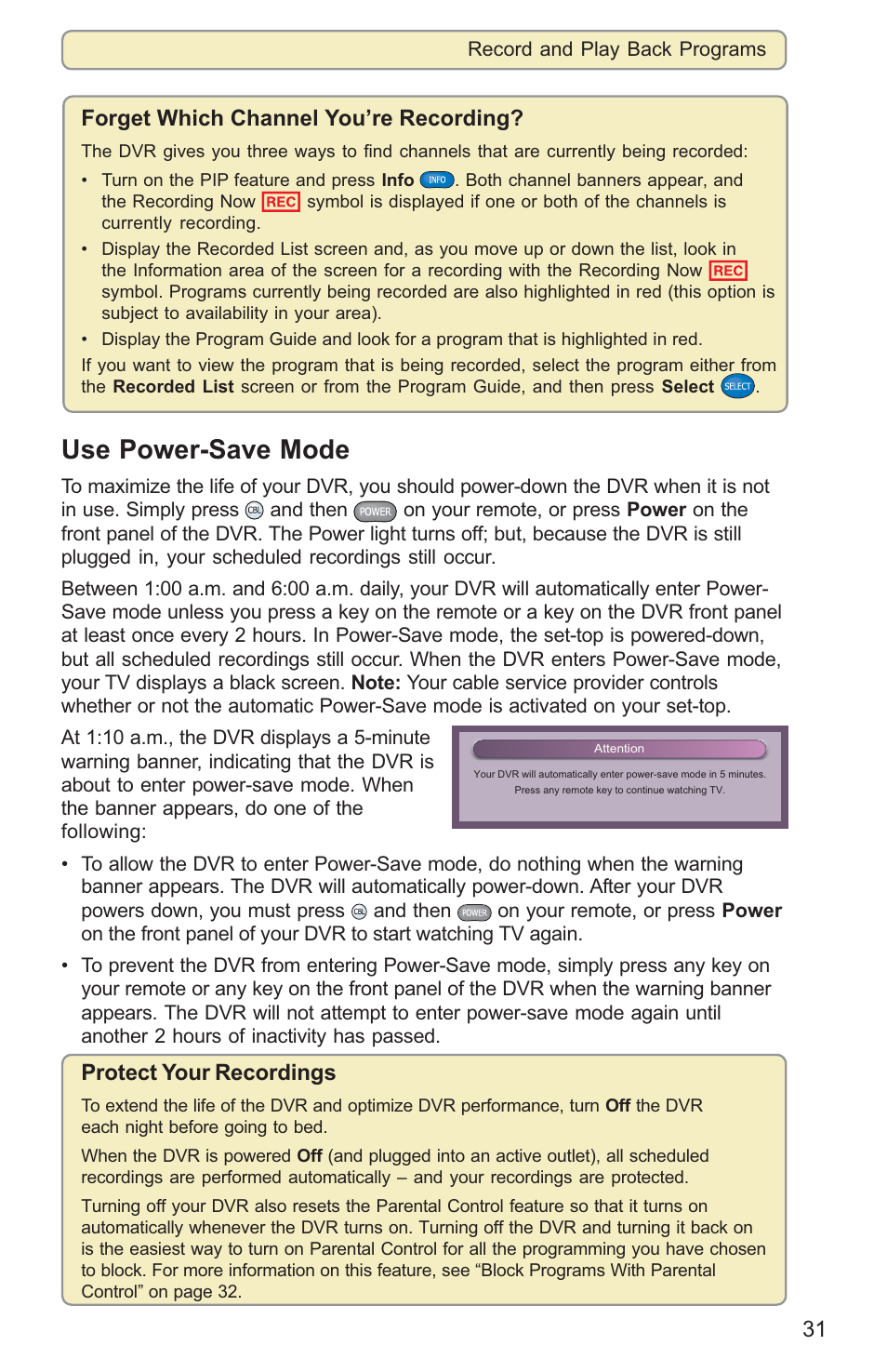 Use power-save mode, 31 forget which channel you’re recording, Protect your recordings | Scientific Atlanta 8000HD User Manual | Page 34 / 65