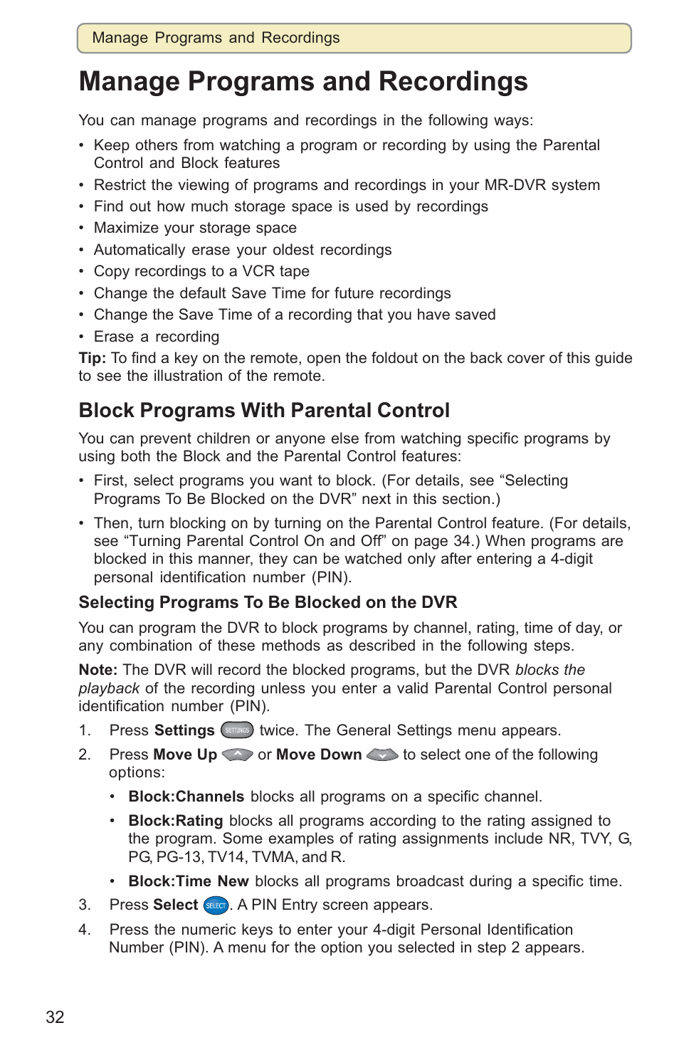 Manage programs and recordings, Block programs with parental control | Scientific Atlanta 8000HD User Manual | Page 35 / 65