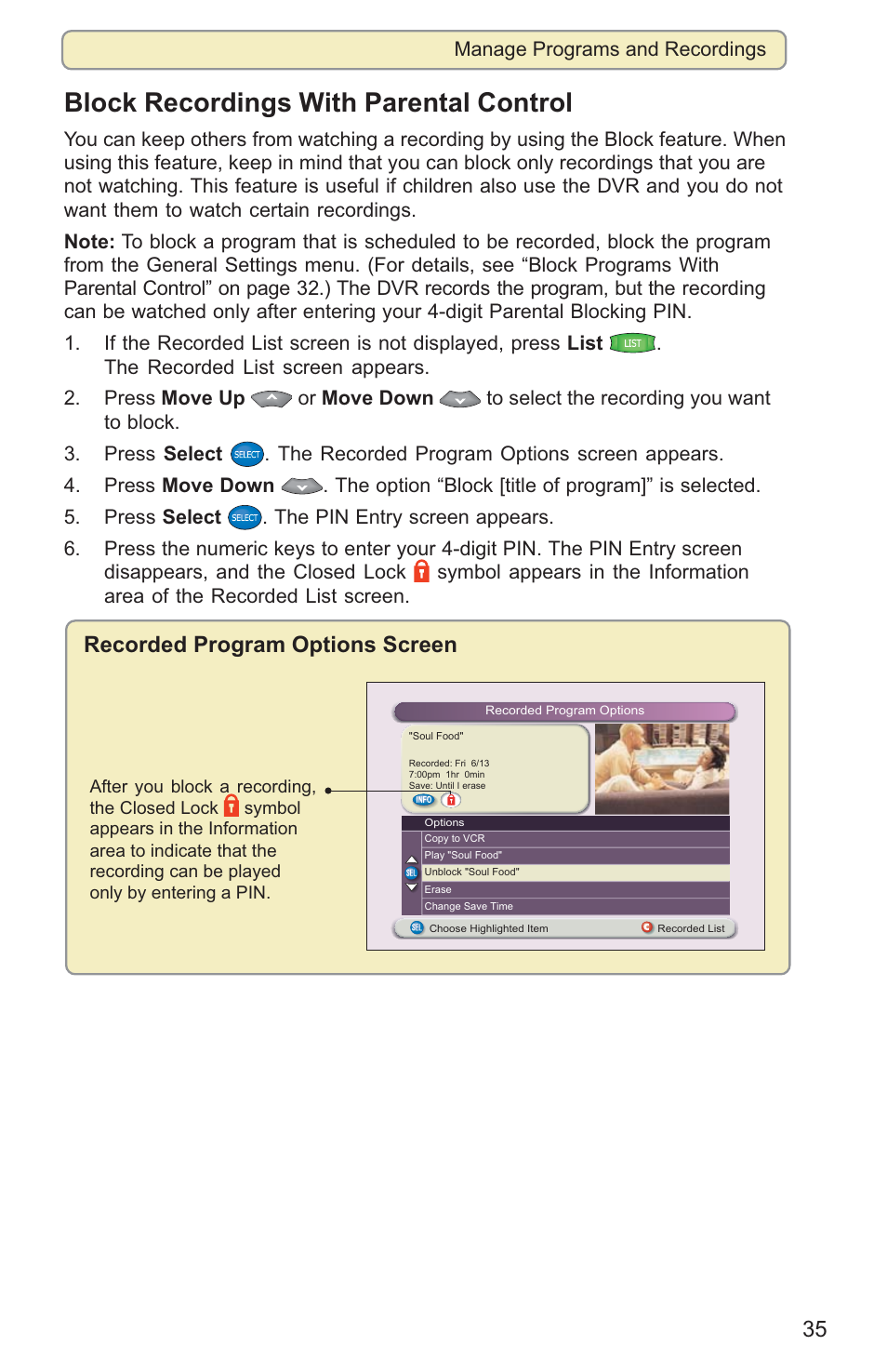 Block recordings with parental control, Recorded program options screen, Manage programs and recordings | Scientific Atlanta 8000HD User Manual | Page 38 / 65