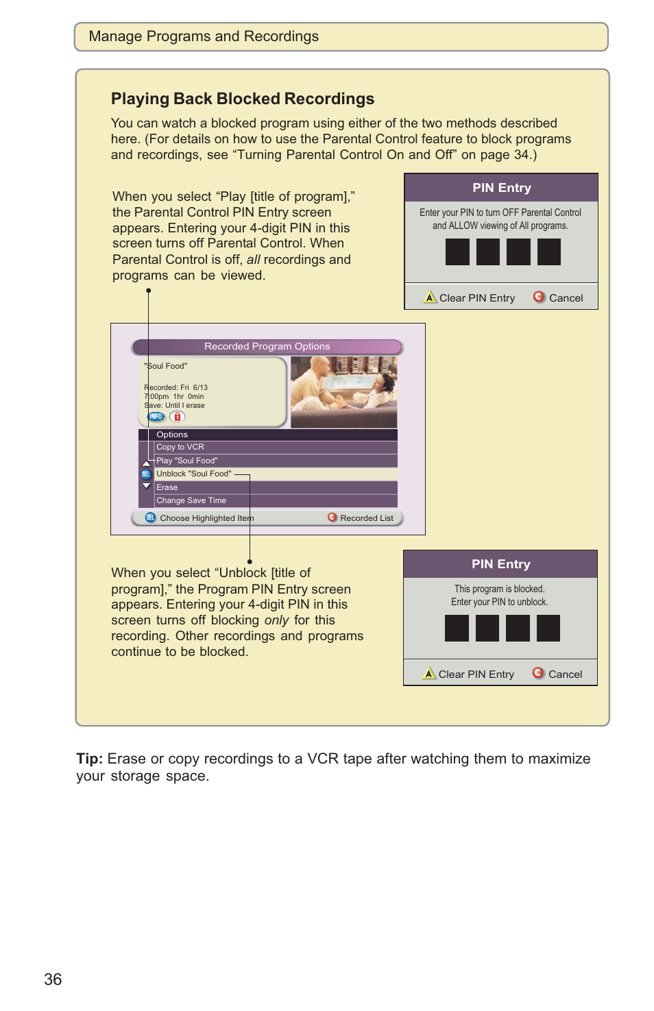 Playing back blocked recordings, Manage programs and recordings | Scientific Atlanta 8000HD User Manual | Page 39 / 65