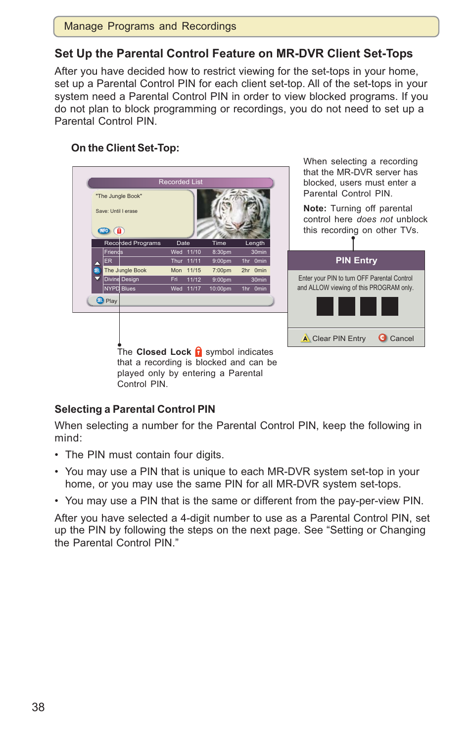 Manage programs and recordings, Pinentry | Scientific Atlanta 8000HD User Manual | Page 41 / 65
