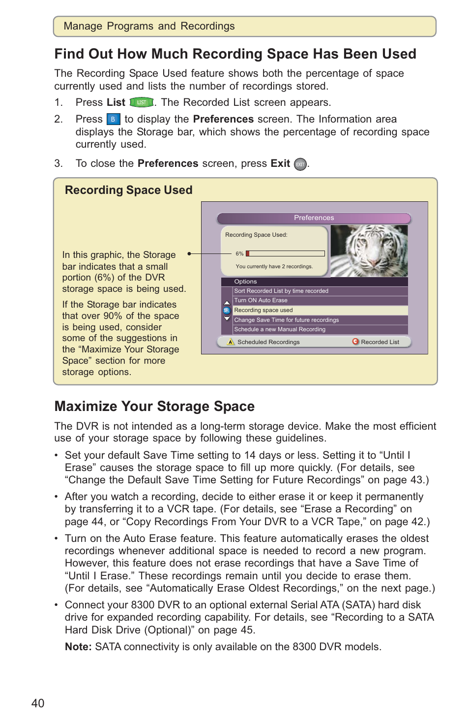 Find out how much recording space has been used, Maximize your storage space, Recording space used | Scientific Atlanta 8000HD User Manual | Page 43 / 65