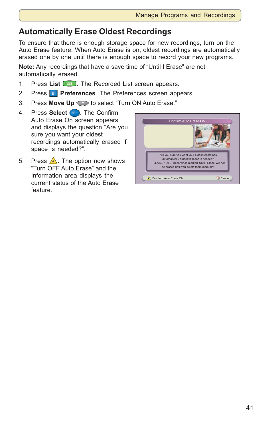 Automatically erase oldest recordings, Manage programs and recordings | Scientific Atlanta 8000HD User Manual | Page 44 / 65
