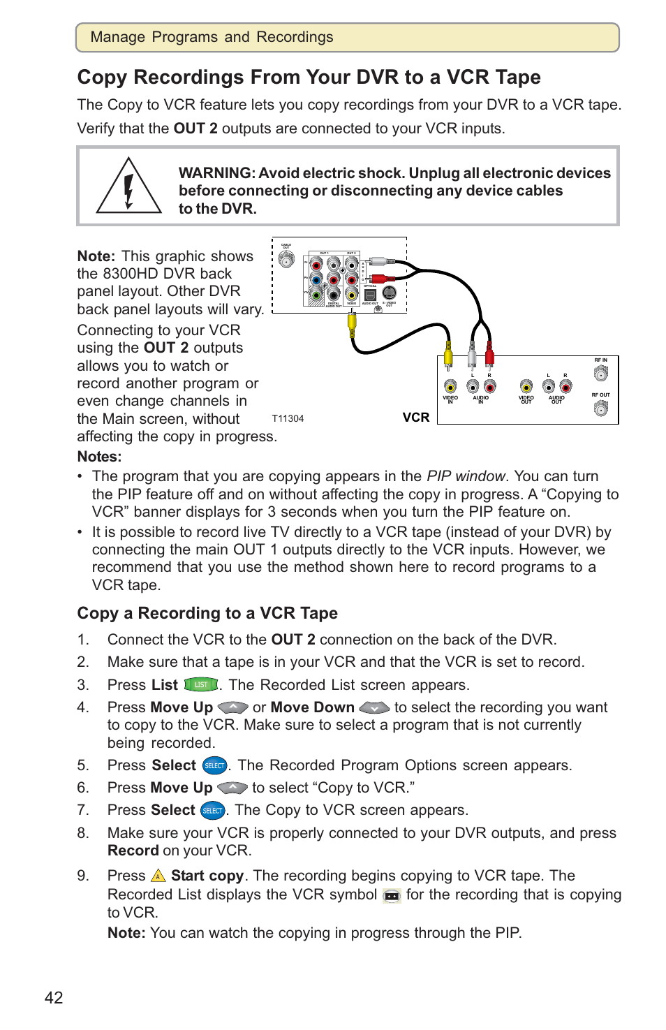 Copy recordings from your dvr to a vcr tape, Copy a recording to a vcr tape, Manage programs and recordings | Scientific Atlanta 8000HD User Manual | Page 45 / 65