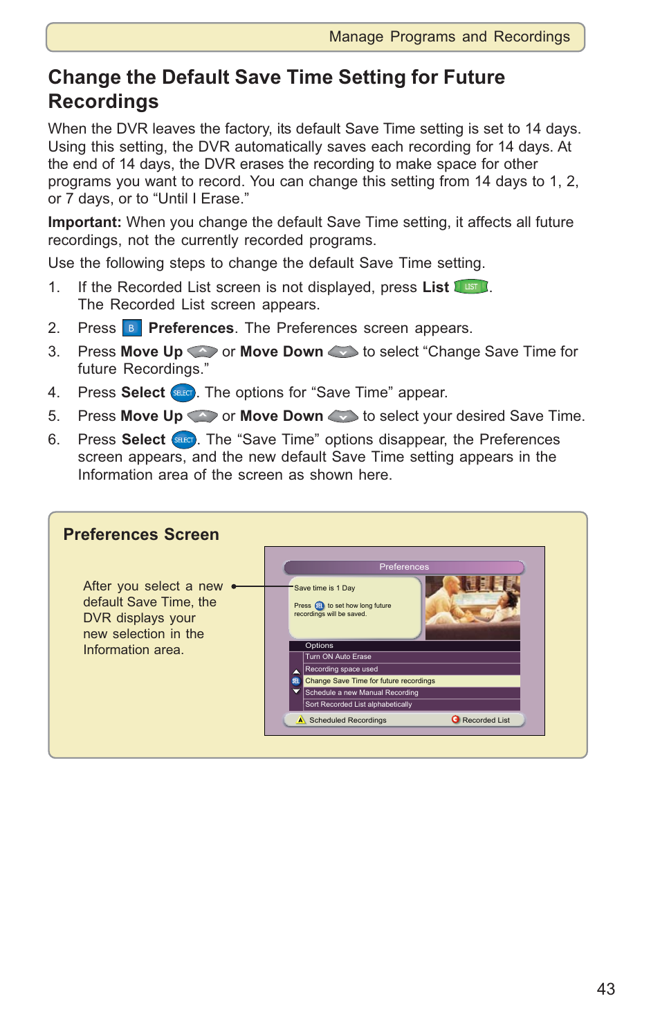 Preferences screen, Manage programs and recordings | Scientific Atlanta 8000HD User Manual | Page 46 / 65