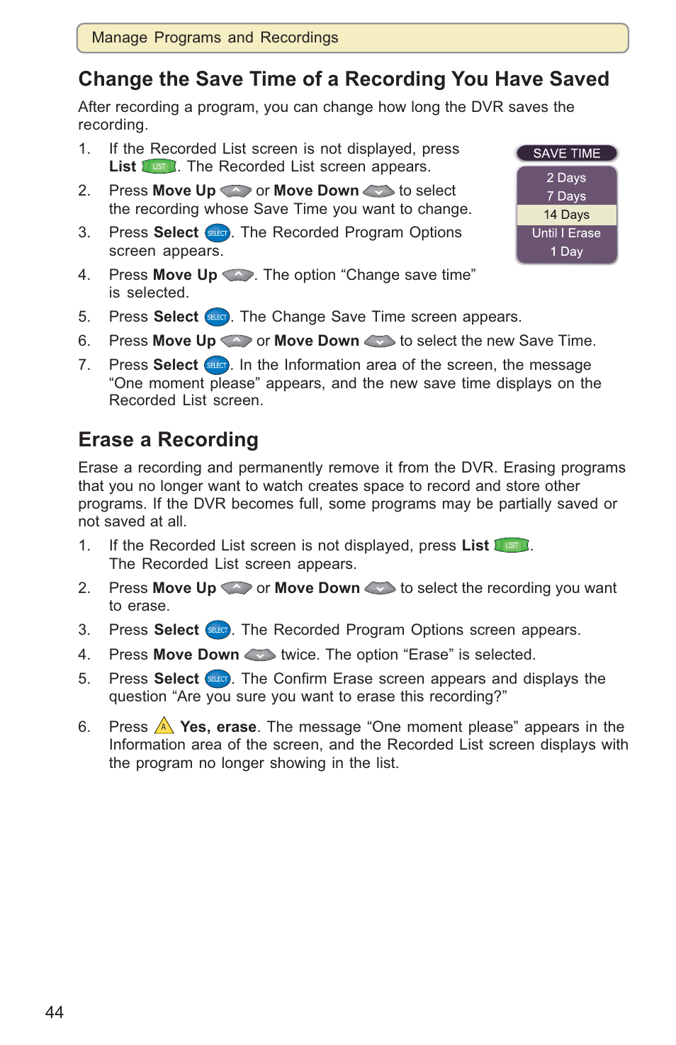 Change the save time of a recording you have saved, Erase a recording | Scientific Atlanta 8000HD User Manual | Page 47 / 65