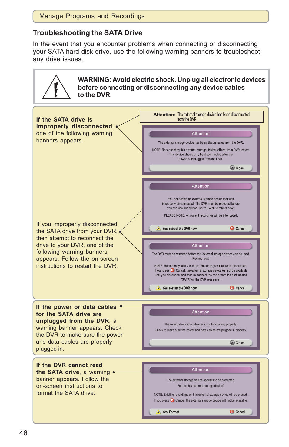 Troubleshooting the sata drive, Manage programs and recordings | Scientific Atlanta 8000HD User Manual | Page 49 / 65