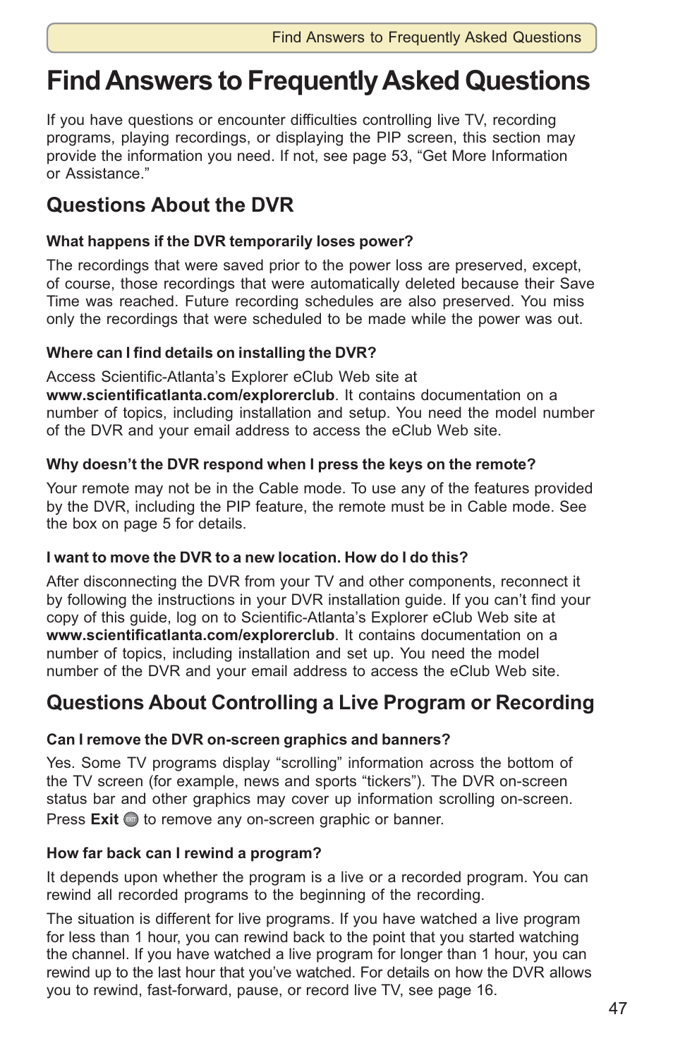 Find answers to frequently asked questions, Questions about the dvr | Scientific Atlanta 8000HD User Manual | Page 50 / 65