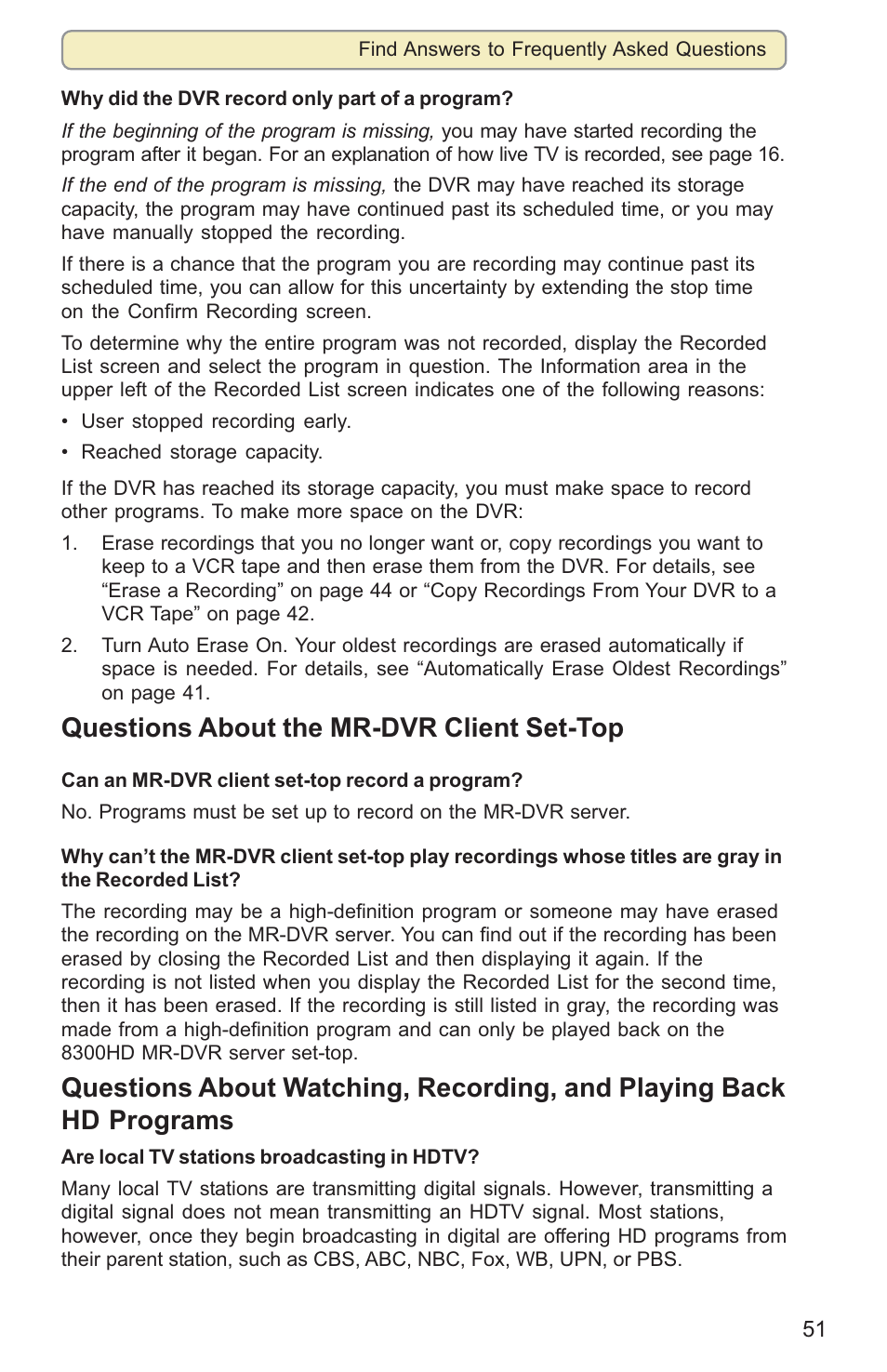 Questions about the mr-dvr client set-top | Scientific Atlanta 8000HD User Manual | Page 54 / 65